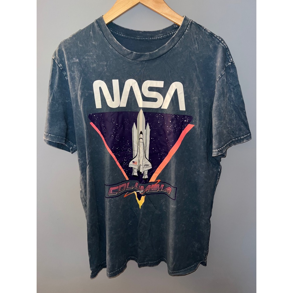 NASA Space Shuttle Columbia Graphic Tee Blue Acid Wash Mineral Wash Shirt Mens